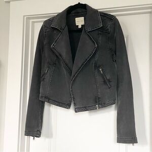 Silence + Noise Cropped Denim Moto Quilted Black Biker Jacket w Zip Size Medium